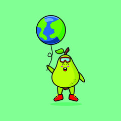 Cute cartoon pear fruit floating with warth world balloon cartoon vector illustration in concept 3d cartoon style