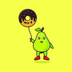 Cute cartoon pear fruit floating with donuts balloon cartoon vector illustration in concept 3d cartoon style
