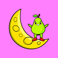 Cute cartoon Pear fruit character standing on the crescent moon in 3d modern design  