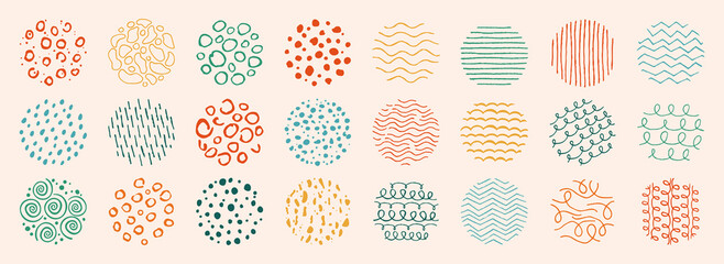 Round pattern abstract, doodle shapes background set. Brush hand drawn texture shapes, curves line, spots, painted drops. Design elements modern trendy natural form, stripes, stamp vector illustration © neliakott