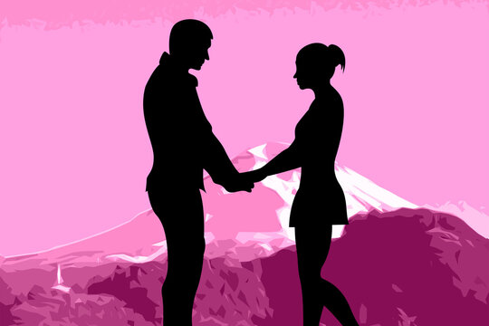 pareja comprometida en la cima de una monta&ntilde;a