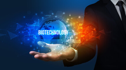 Elegant hand holding technology-related inscription