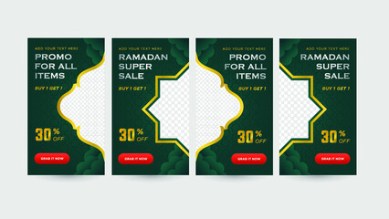 Social Media Stories Promotion for Ramadan Sale set with elegant Green and gold gradient colors with empty space for image