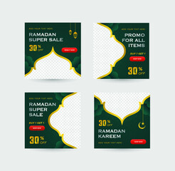Social Media Post Promotion for Ramadan Sale set with elegant Green and gold gradient colors with empty space for image