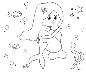 (Mermaid Coloring Page: 11) Cute mermaid with goldfishes, green grass, water bubbles on background, vector black and white coloring page.
