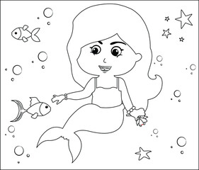 (Mermaid Coloring Page: 12) Cute mermaid with goldfishes, green grass, water bubbles on background, vector black and white coloring page.