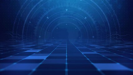Blue tech digital background is a spectacular motion graphics background. Blue technology ground squares keep moving forward, HUD rotates background, technology big data future science.