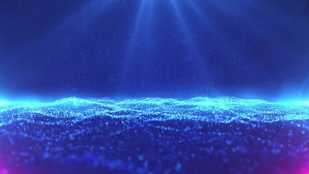 Blue elegant particles wave is a spectacular motion graphics background. Blue wave particles keep moving forward, light rotates, particles rise, stage performance party celebration screen background.