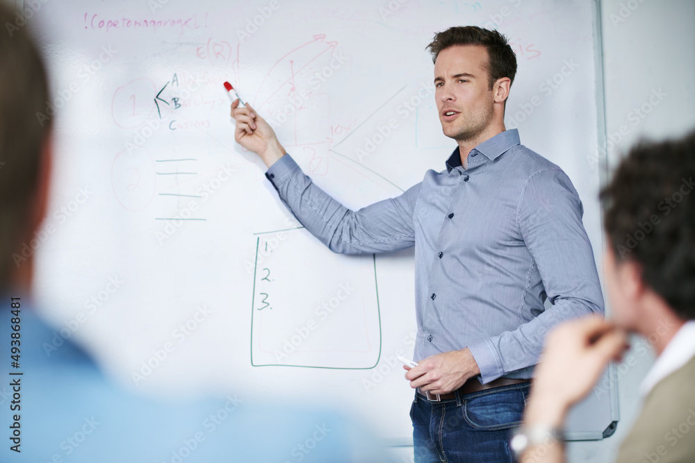 Poster Dreams dont work unless you do. Creative professional using a white board to give a presentation in a bright modern meeting room.
