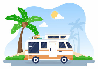 Camping Car Background Illustration with Tent, Camper Car and Equipment for People on Adventure Tours or Holidays in the Beach