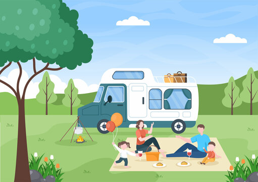 Camping Car Background Illustration with Tent, Camper Car and Equipment for People on Adventure Tours or Holidays in the Forest or Mountains