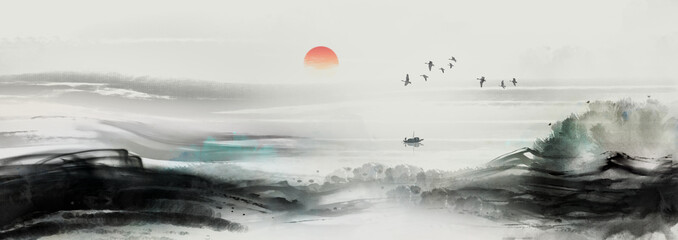 Blue artistic conception ink landscape painting © 心灵艺坊