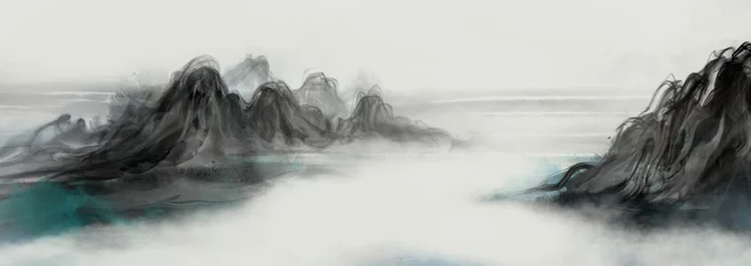 Fotobehang Lichtgrijs Chinese stijl inkt landschap achtergrond afbeelding