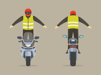 Isolated man in a red helmet standing on a motorcycle while riding. Front and back view of a motorcycle stunt riding. Flat vector illustration template.