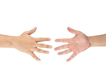 Rock Paper Scissors gambling hand game for all of ages and sex. This is Asian male hands post on white background.
