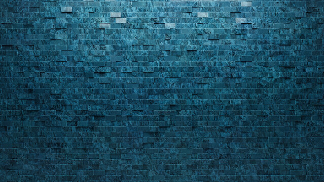 Blue Patina, Polished Mosaic Tiles arranged in the shape of a wall. Glazed, Rectangular, Bricks stacked to create a 3D block background. 3D Render