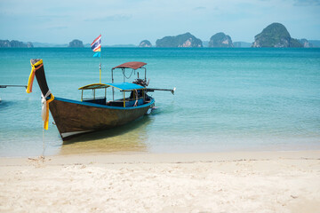longtail boat on Tubkaak beach ready to Hong island, Krabi, Thailand. landmark, destination Southeast Asia Travel, vacation and holiday concept