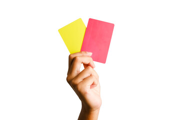 Selective focus of hand holding yellow and red card. Sports offence and law violation concept.