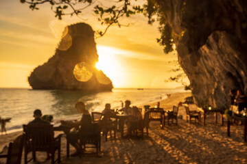 blur of restaurant cave on Phra nang Beach at sunset, Railay, Krabi, Thailand. vacation, travel,...