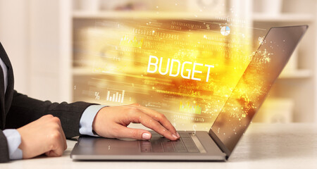 Closeup of businessman hands working on laptop