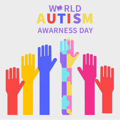 Autism awareness concept with colorful hands as autism symbol.