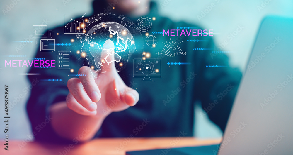 Poster Hand pointing virtual Global Internet connection metaverse. Business global internet connection application technology and digital marketing, Financial and banking, Digital link tech, big data.