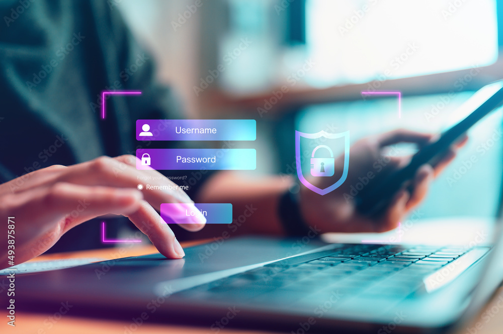 Aufkleber cyber security and data protection, information security and encryption, secure access to user's personal information, secure Internet access, cybersecurity. login with username and password.
