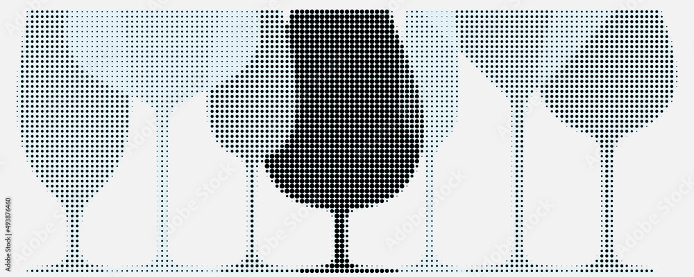 Poster set of overlapping glasses for drink. halftone pattern. abstract background for menu.