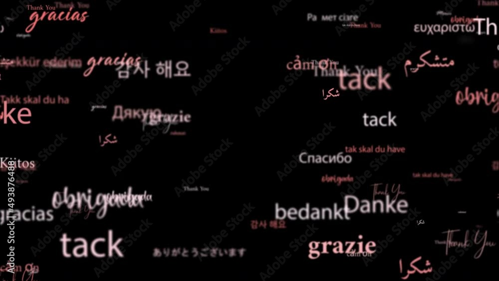 Poster animation loop of thank you in different kind of languages word related red pink word flowing. eleme