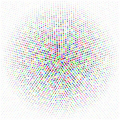 Multicolored radial halftone pattern. Dotted ornament isolated on white background.