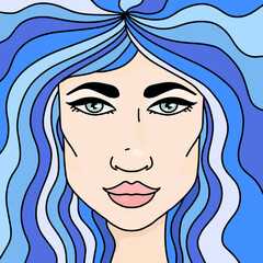 Beautiful girl with mermaid hair portrait. Sketch vector illustration.