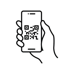 QR code scanning in smartphone screen. Hand holding Mobile phone. Simple line icon style, barcode scanner for pay, web, mobile app. Vector illustration isolated. EPS 10.