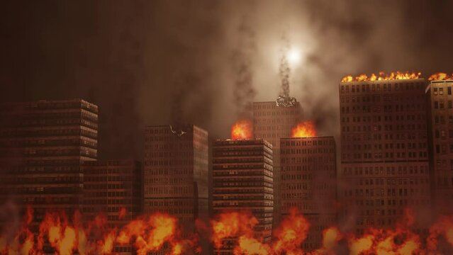 Buildings on fire. City burning. City on fire. Bombing city under attack during war. Apocalyptic destruction of city. War theme. Camera view moves right. 3d animation render