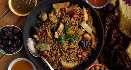 Green mung bean with baked vegetables, Top view