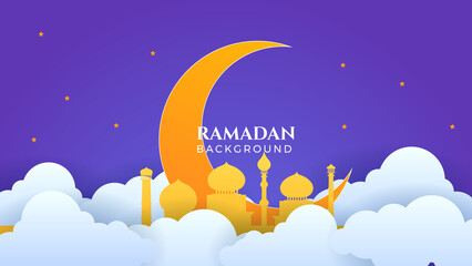 Islamic Ramadan background banner with mosque arabic pattern lantern moon crescent star. Design for Eid Adha, Eid Fitr, Muharram, Mawlid Nabi Prophet, Islamic New Year. Vector illustration.