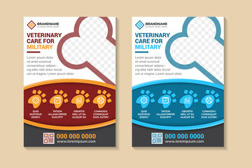 veterinary care for military flyer template design. Pet Care Flyer leaflet design. Best care for your pet poster, cover. space for photo collage, infographic and text. two color selected.