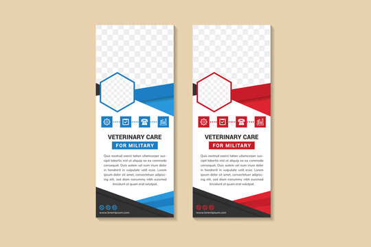 veterinary care for military banner template design. Pet Care roll up banner. Best care for your pet poster, cover. space for photo in hexagon and text. two color selected are blue and red element.