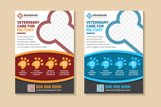 Veterinary Care For Military Flyer Template Design. Pet Care Flyer Leaflet Design. Best Care For Your Pet Poster, Cover. Space For Photo Collage, Infographic And Text. Two Color Selected.