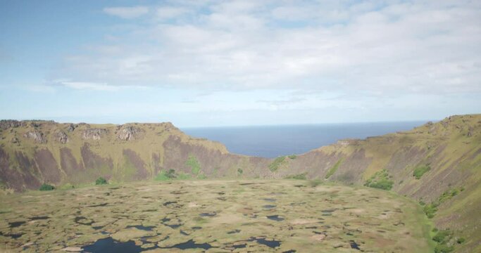 Rano Kau Volcano Crater in Orongo national park volcano on easter island rapa nui chile.