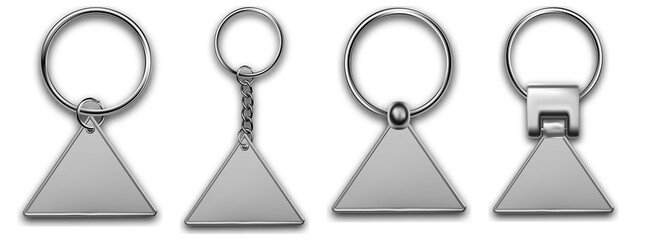 Metal keyring triangular shape , leather keychain, holder trinket for key with metal ring. Silver colored accessories. Realistic template metal keychain set. Blank accessory for corporate identity.