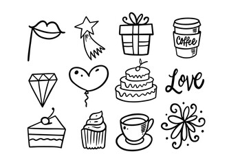 Celebration hand drawn doodle elements set. Food and gifts.