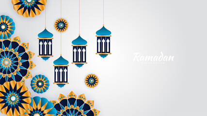 Islamic Ramadan background banner with mosque arabic pattern lantern moon crescent star. Design for Eid Adha, Eid Fitr, Muharram, Mawlid Nabi Prophet, Islamic New Year. Vector illustration. © Salman