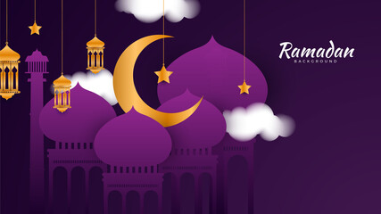 Islamic Ramadan background banner with mosque arabic pattern lantern moon crescent star. Design for Eid Adha, Eid Fitr, Muharram, Mawlid Nabi Prophet, Islamic New Year. Vector illustration.