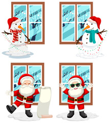 Set of snowman and santa by the window