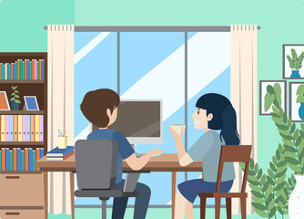 People working on computer at home