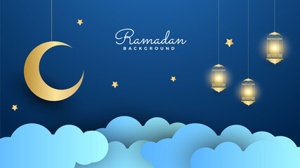 Islamic Ramadan background banner with mosque arabic pattern lantern moon crescent star. Design for Eid Adha, Eid Fitr, Muharram, Mawlid Nabi Prophet, Islamic New Year. Vector illustration. - obrazy, fototapety, plakaty