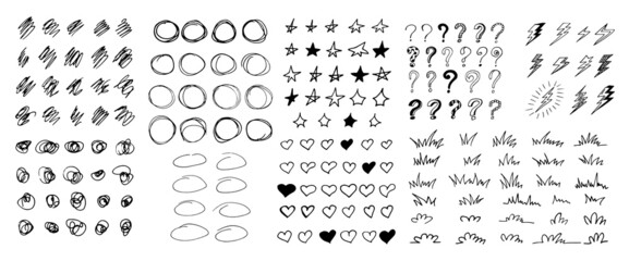 doodle set hand drawn. vector, scandinavian. icon, sticker, decor, design. hearts, stars, circles.