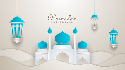 Islamic Ramadan background banner with mosque arabic pattern lantern moon crescent star. Design for Eid Adha, Eid Fitr, Muharram, Mawlid Nabi Prophet, Islamic New Year. Vector illustration. © Salman