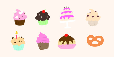 set of cream cake with candles and berries in vector illustration. various cake icons in a flat design style for celebration, anniversaries, weddings, birthdays, etc