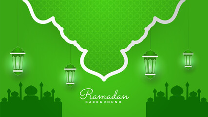 Islamic Ramadan background banner with mosque arabic pattern lantern moon crescent star. Design for Eid Adha, Eid Fitr, Muharram, Mawlid Nabi Prophet, Islamic New Year. Vector illustration.